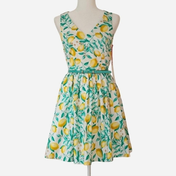 Elle Dresses & Skirts - ELLE Women's Lemon and Leaf Print Fit And Flare Mini Dress With Belt. Size 2